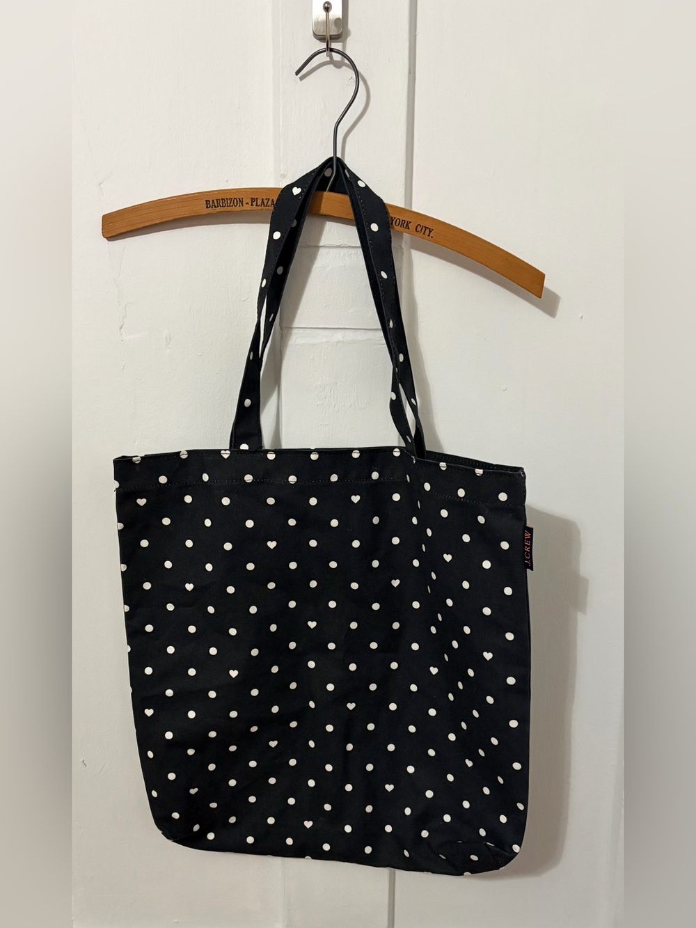 J. Crew Black Tote with White Polka Dots and Hearts
